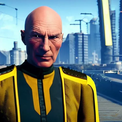 Prompt: fascist tyrant captain picard tng, in cyberpunk 2 0 7 7 cp 2 0 7 7