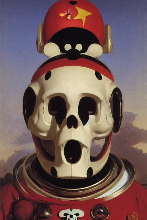 Image similar to portrait of a mickey mouse skull astronaut with chinese dragon armor and helmet, majestic, solemn, by bouguereau