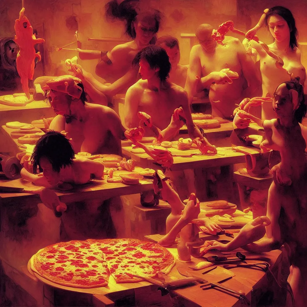 Image similar to weird and disturbing portrait of nick cave baking pizza, vivid colors, death, neon, art by ( ( ( kuvshinov ilya ) ) ) and wayne barlowe and thomas eakins and artgerm and wlop and william - adolphe bouguereau