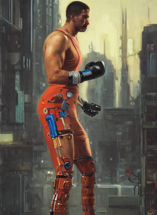 Image similar to buff cyberpunk olympic boxer with robotic arms and cybernetic eyepiece wearing a jumpsuit ( blade runner 2 0 4 9, cyberpunk 2 0 7 7 ). orientalist portrait by john william waterhouse and james gurney and theodore ralli and nasreddine dinet, oil on canvas. cinematic, hyper realism, realistic proportions, dramatic lighting, high detail 4 k