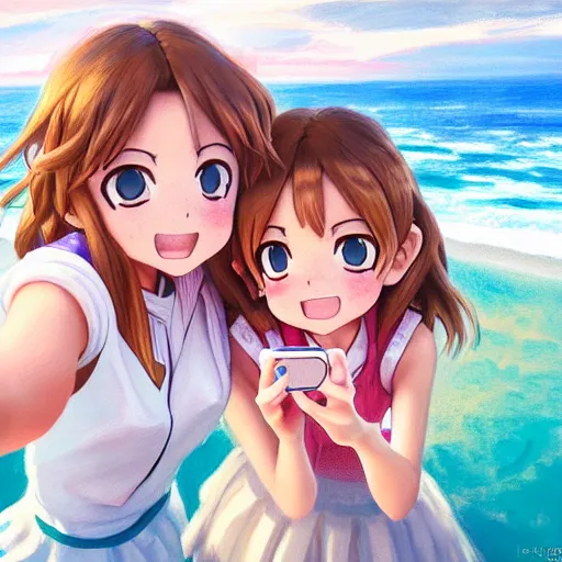 Prompt: beautiful serene intricate very detailed portrait of ochako uraraka and ochako uraraka taking a selfie, smiling softly, relaxing on the beach, golden hour, soft focus, 8 k, art by irakli nadar, hyperrealism, hyperdetailed, ultra realistic