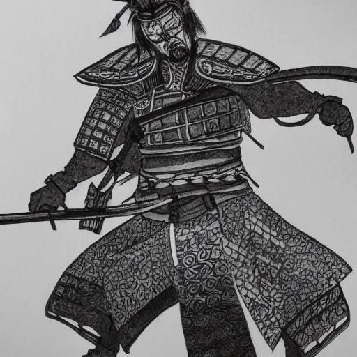 Image similar to intricate, realistic ink drawing of a samurai in a splash of ink, 8 k