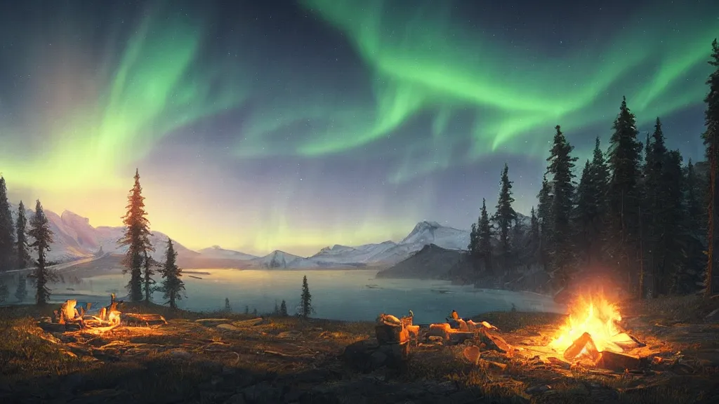 Image similar to beautiful render of a summer landscape, unreal engine, night, majestic mountains, dramatic aurora borealis, stars, campfire, soft light, by greg rutkowski, cgsociety