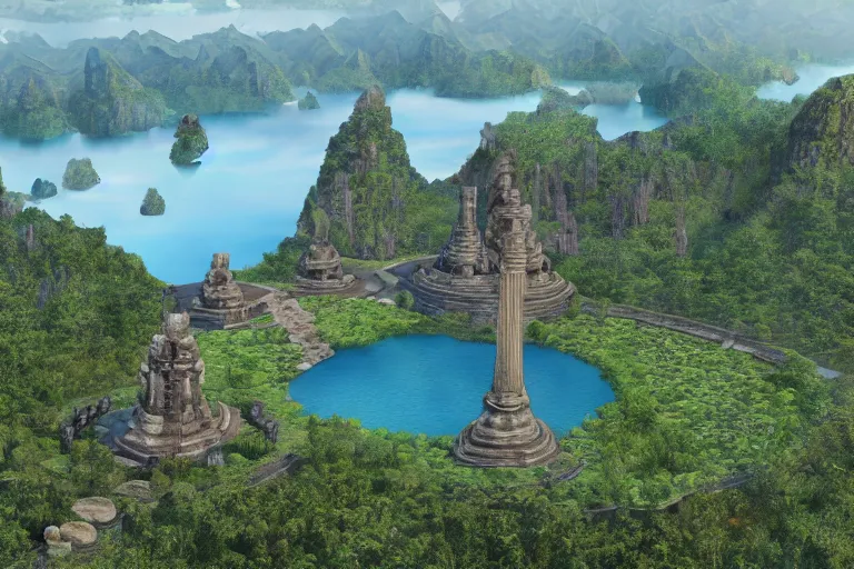 Prompt: digital concept art,aerial drone wide view of Garuda Wisnu Kencana monument in the middle of Lake Batur by Bernhard Edmaier,tectonics,islands,structural geology,photorealistic,hq,realistic,unreal engine,8k