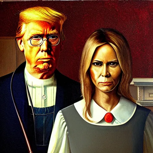 Image similar to american gothic painting but with donald trump and melania trump as the subjects, art station, high quality,