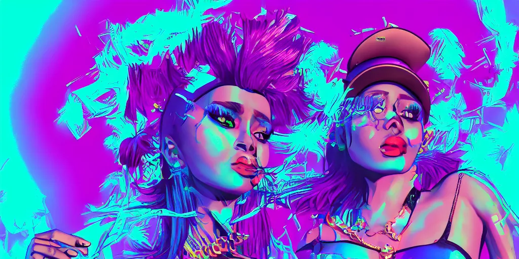 Prompt: lady rapper performing, epic pose, digital art, vaporwave, psychedelic, surreal, hip hop, trending on Artstation, professional artist, detailed, 4k