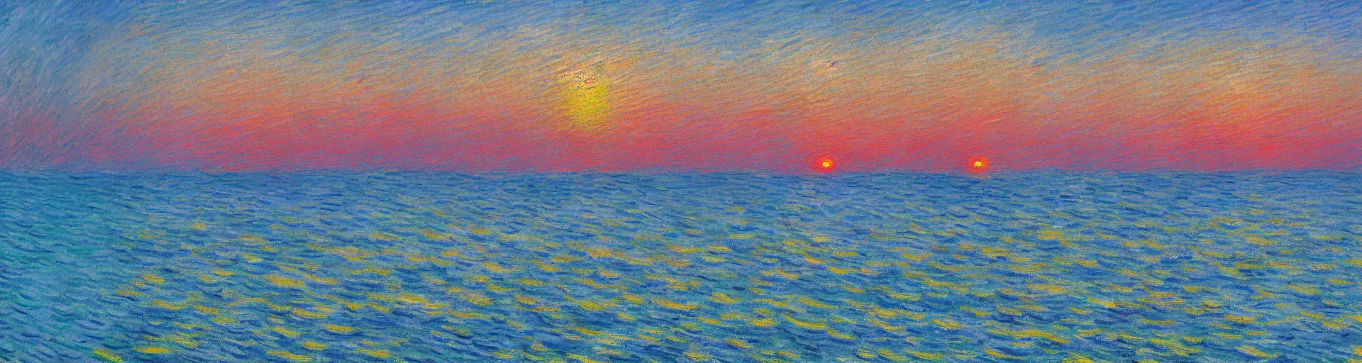 Image similar to An aesthetically pleasing, dynamic, energetic, lively, well-designed digital art of the ocean at sunset, light and shadow, by Claude Monet and Vincent Van Gogh, superior quality, masterpiece, excellent use of negative space. 8K, superior detail.