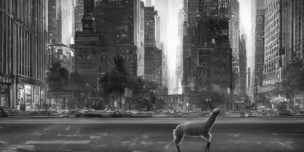 Prompt: a llama walking through a desolate manhattan city street at night, statue of liberty seen in the background, realistic 4 k octane beautifully detailed render, 4 k post - processing, highly detailed, detailed face, intricate complexity, epic composition, magical atmosphere, cinematic lighting, masterpiece, color picture, ultra hd