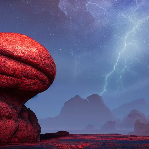 Prompt: a strange alien landscape, realistic, rocky, red and blue, blue particles, strange red particles, strange, alien - - style, realistic, landscape, depth, movie lightning, realistic epic shaders, landscape