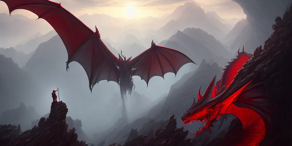 Prompt: red dragon standing on summit of a mountain, forest and valley below, ultra high definition, ultra detailed, symmetry, god rays, sci - fi, dark fantasy, by greg rutkowski
