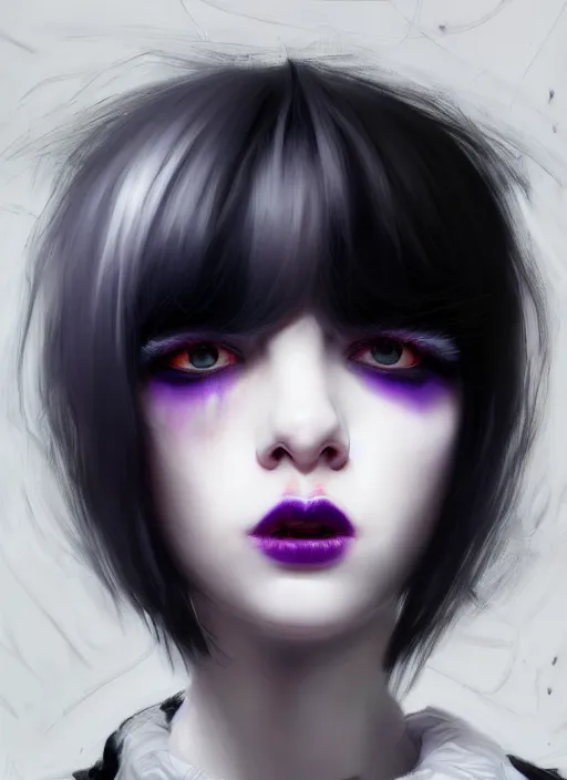 Image similar to portrait of white teenage girl, normal face, white bangs, mall goth, cyberlox, black and white hair, bangs, fluffy bangs, red contact lenses, purple lipstick, intricate, elegant, highly detailed, digital painting, artstation, concept art, sharp focus, smooth, illustration, art by wlop, mars ravelo and greg rutkowski