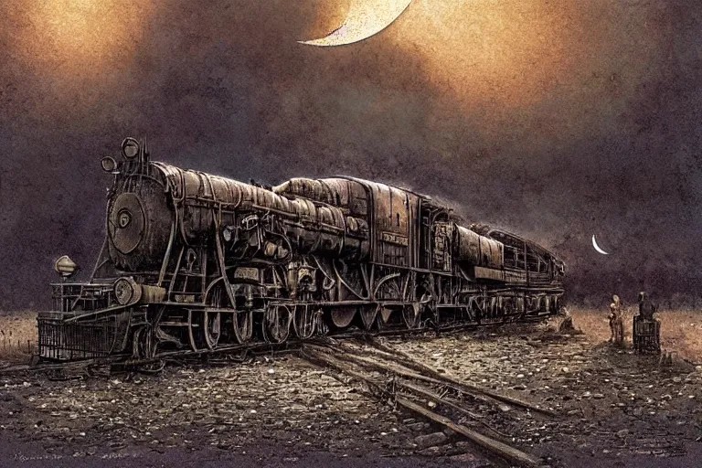 Prompt: an old locomotive, by jean - baptiste monge, eerie moon eclipse cinematic scenery