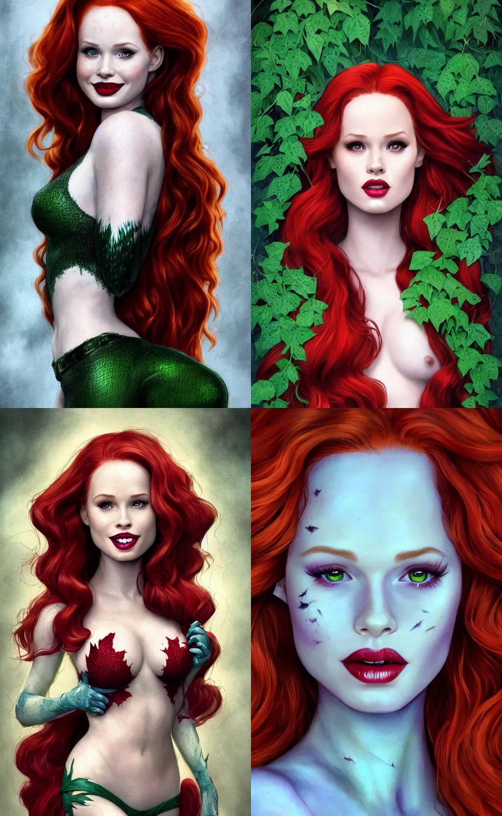 Prompt: beautiful Madelaine Petsch poison ivy DC comics, evil smile, realistic character concept, medium shot waist up, comic book, illustration, slender symmetrical face and body, artstation, cinematic lighting, hyperdetailed, cgsociety, 8k, high resolution, Charlie Bowater, Tom Bagshaw, single face, insanely detailed and intricate, beautiful, vfx, postprocessing