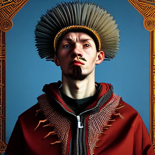 Prompt: Colour Brutal Caravaggio style Photography of Highly detailed brutal Gopnik with detailed face and wearing detailed Ukrainian folk costume designed by Taras Shevchenko also wearing highly detailed retrofuturistic sci-fi Neural interface designed by Josan Gonzalez. Many details In style of Josan Gonzalez and Mike Winkelmann and andgreg rutkowski and alphonse muchaand and Caspar David Friedrich and Stephen Hickman and James Gurney and Hiromasa Ogura. Rendered in Blender and Octane Render volumetric natural light