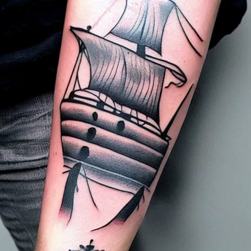 Image similar to A pirate ship tattoo design in the style of Dmitriy Samohin, hyper realistic tattoo