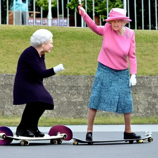 Image similar to queen elizabeth riding a skateboard