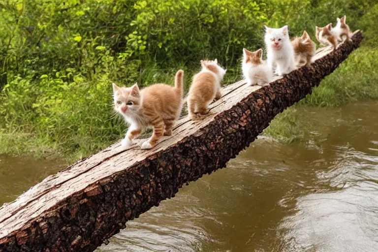 Image similar to kittens walking on a log bridge crossing a river