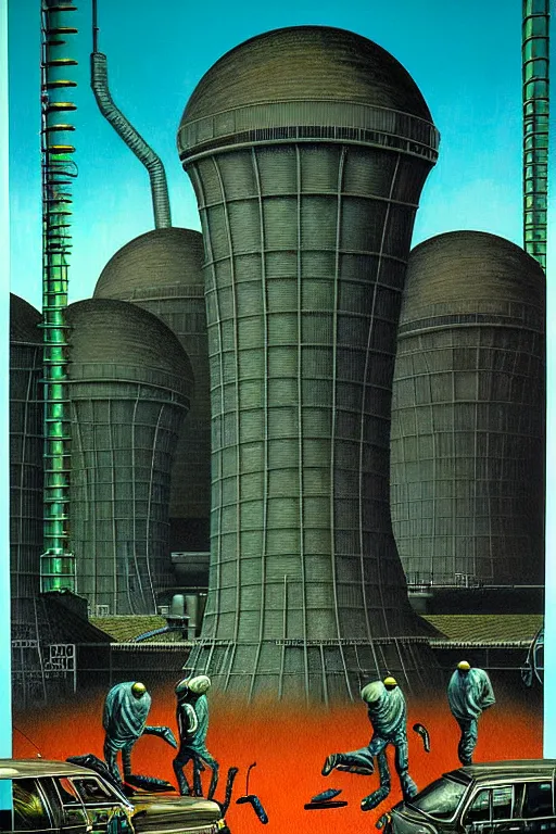 Image similar to a hyperrealistic detailed painting of an emergency at the nuclear power plant, radioactive chimeric radiation monsters eating the laboratory by chris cunningham and richard corben, highly detailed, vivid color,