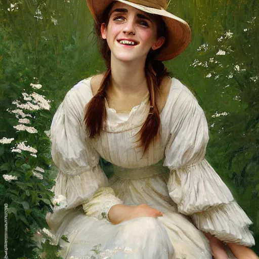 Image similar to laughing thick paint brush strokes full body fashion model emma watson by Jeremy Lipking by Hasui Kawase by Richard Schmid (((smokey eyes makeup eye shadow fantasy, glow, shimmer as victorian woman in a long white frilly lace dress and a large white hat having tea in a sunroom filled with flowers, roses and lush fern flowers ,intricate, night, highly detailed, dramatic lighting))) , high quality