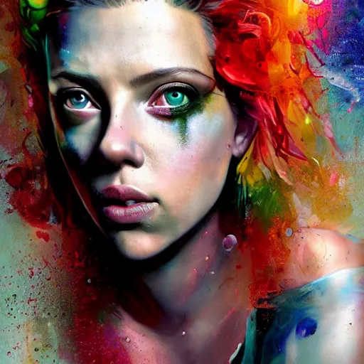 Image similar to drunken scarlett johansson as delirium from sandman, ( hallucinating colorful soap bubbles ), by jeremy mann, by sandra chevrier, by dave mckean and richard avedon and maciej kuciara, punk rock, tank girl, high detailed, green eye and blue eye, 8 k