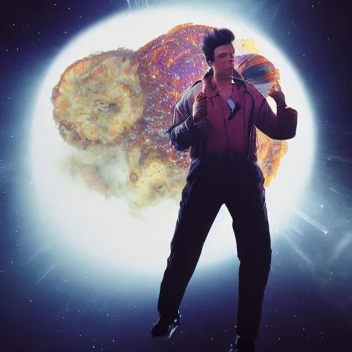 Image similar to hyperrealistic film still of ace ventura in space, his body violently exploding, stunning 3 d render, inspired by istvan sandorfi & greg rutkowski & unreal engine, perfect symmetry, dim volumetric cinematic lighting, 8 k octane comprehensive render, extremely hyper - detailed, incredibly lifelike attributes, intricate, real flesh texture, masterpiece, artstation, stunning,