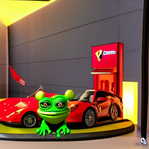 Image similar to diorama model + pepe the frog + ferrari, club lighting, low contrast, single building, arsitektur nusantara, dynamic lighting, 1 0 0 0 0 mm,, depth detailed.