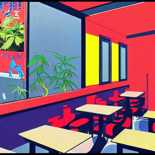 Prompt: taiwanese style cafe inside are australian patrons, decorated with cannabis pot plants 🪴 utopia frontage, pop art poster, vivid colors by will barnet