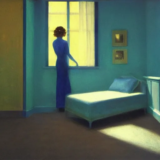 Image similar to close up of a woman in a blue and gold haunted liminal abandoned room, hyperrealistic film still by edward hopper, by gottfried helnwein, by klimt, art noveau, highly detailed, strong lights, liminal, eerie, bright pastel colors,