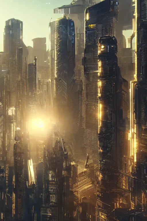 Image similar to cyberpunk cityscape like tokyo nework with tall buildings at dusk golden hour cinematic lighting, epic composition. A golden daylight, hyper-realistic environment. Hyper and intricate detail, photo-realistic. Cinematic and volumetric light. Epic concept art. Octane render and Unreal Engine, trending on artstation