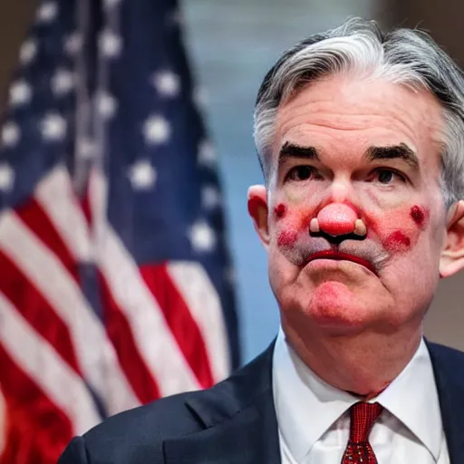 Prompt: Jerome Powell with colorful clown makeup all over his face whiteface, derp eyes