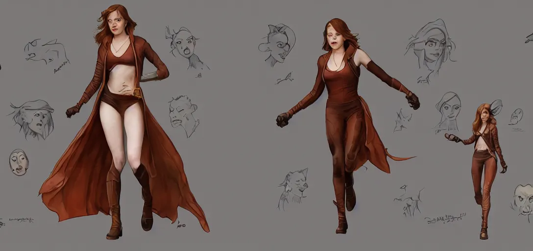 Prompt: character sheet concept art of emma stone as emma watson as a superhero, realistic, hyperrealistic, photographic, costume, wlop, dan mumford, greg rutkowski, high detail, octane render, alexander mcqueen, james gurney, james jean, mucha, photo, 8 k, intricate