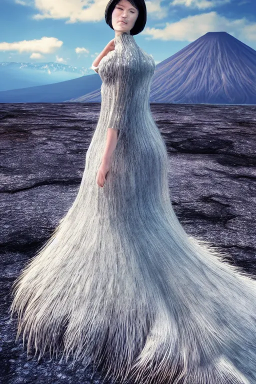 Prompt: a beautiful hyperrealistic ultradetailed 3D, one girl in a magnificent McQueen couture dress stands near a volcano, voge photo, fashion style, fullbody, in full growth, photorealistic, high resolution, trending on artstation, highly detailed, volumetric lighting, elegant, details, good clear quality, volumetric lighting,