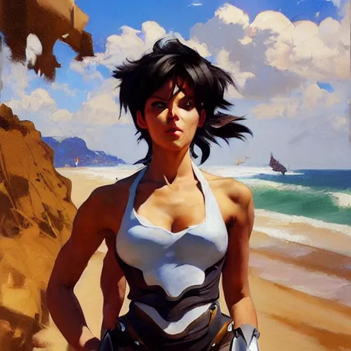 Prompt: greg manchess painting of tracer wearing a knight armor in a beach, medium shot, organic painting, sunny day, bold shapes, hard edges, street art, trending on artstation, by huang guangjian and gil elvgren and sachin teng and artgerm and greg rutkowski and alphonse mucha