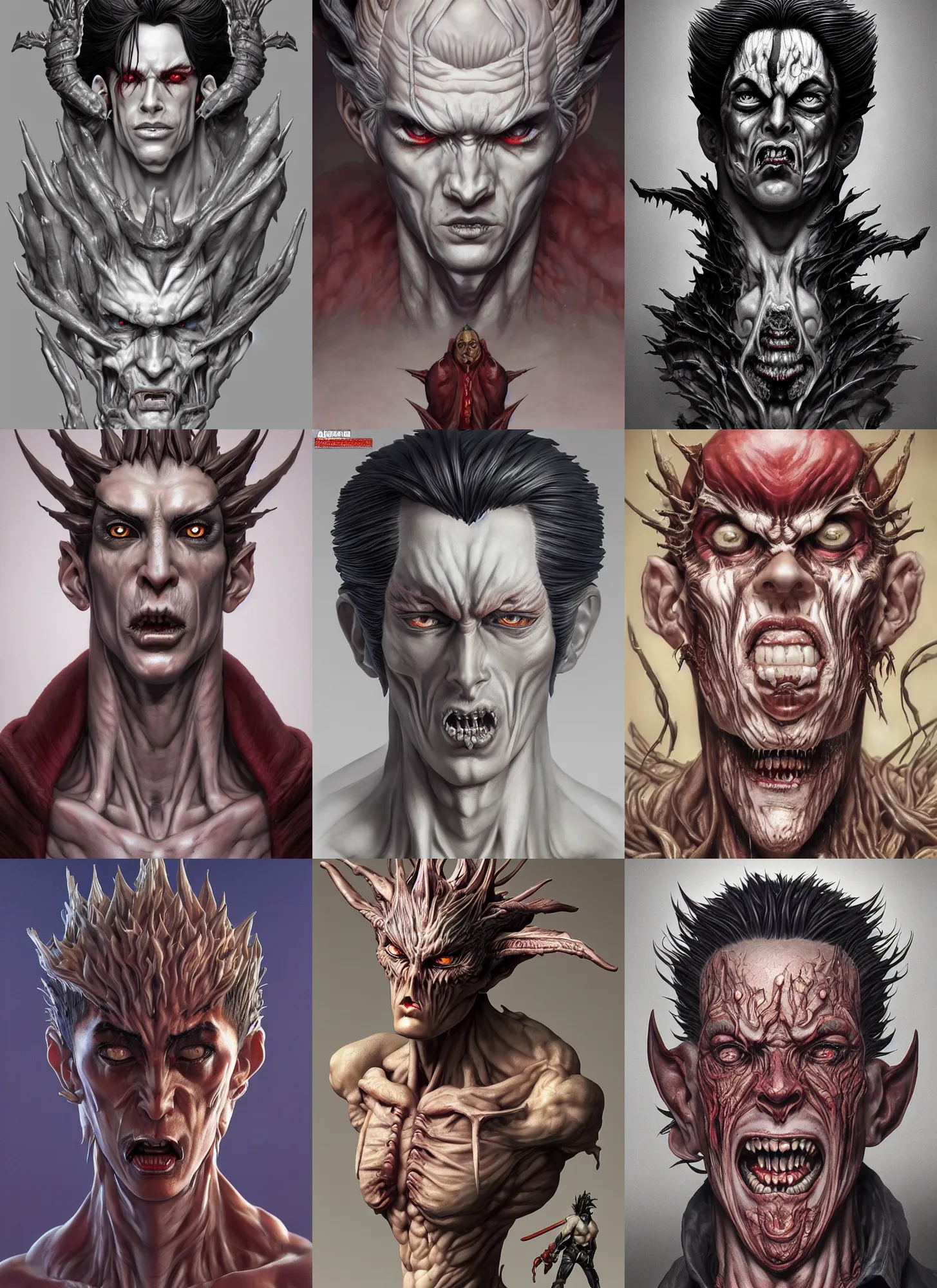 Prompt: a hyper detailed full face portrait of a handsome male as the king of anime figurines, horror, sideshow figurines, diablo 4 lilith, by yusuke murata, by hiroya oku, by dorian cleavenger, by tom bagshaw, by zdzisław beksinski, trending on artstation