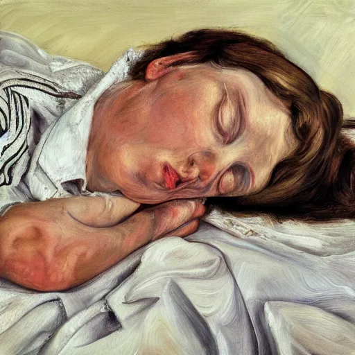 Image similar to high quality high detail painting by lucian freud, hd, exhausted girl portrait, photorealistic lighting