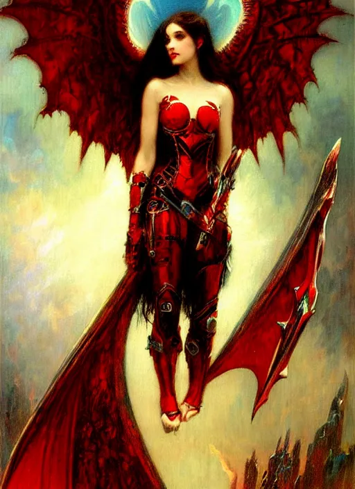 Prompt: angel knight gothic girl in dark and red dragon armor. by gaston bussiere
