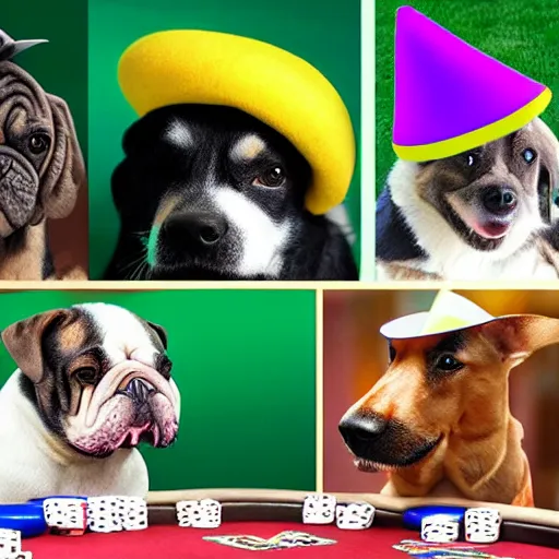 Prompt: Dogs playing poker wearing funny hats