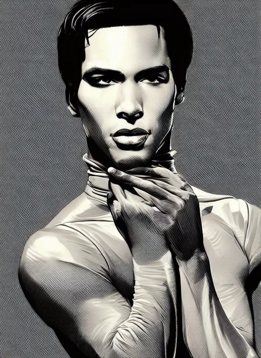 Image similar to portrait of a young man with black hair wearing a black turtleneck. scars on his body. young man brown skin. art by martin ansin, martin ansin artwork. portrait.