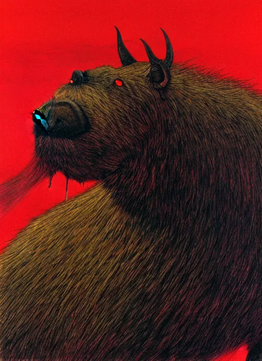 Prompt: a side view of chthonic neon fur demonic capybara with red eyes and and black veins and white teeth and blood on arms, on background red lake on fire, highly detailed, art by Ayami Kojima, Beksinski, Giger