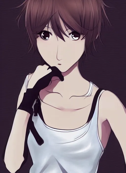 Image similar to attractive girl, short hair, dark skin, slim, symmetric eyes, white tank top, anime art