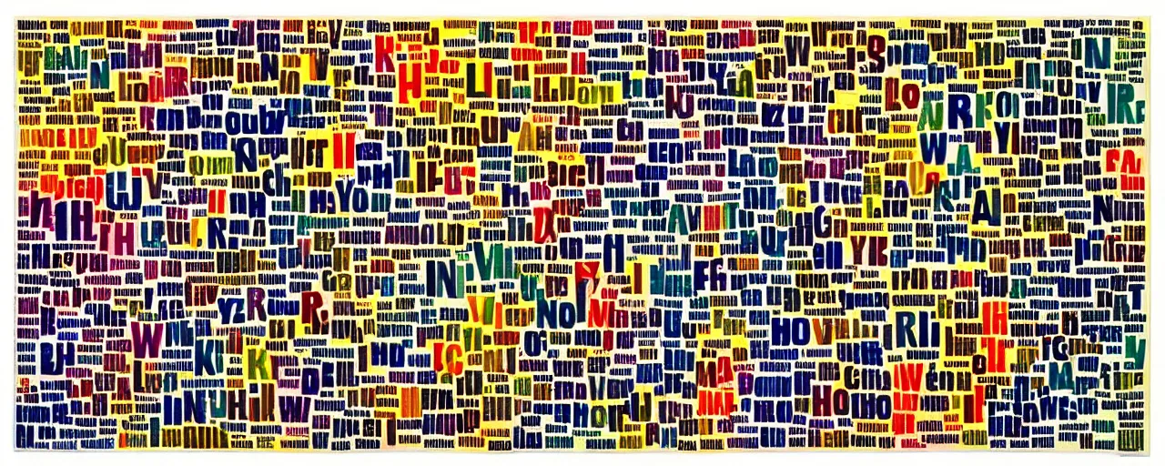 Prompt: a color typographic painting of words and letters, by Piet Zwart, oil paint, Concrete poetry, abstract, words, Highly Detailed