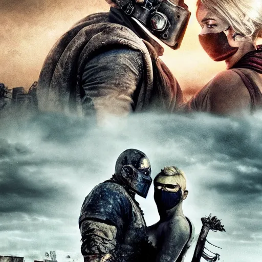 Image similar to a very huge, very big masked mutant man standing next to a very small blonde woman, they are staring at the horizon where there are the ruins of a city, postapocalyptic, mad max style, award winning photograph, over the shoulder, back, behind