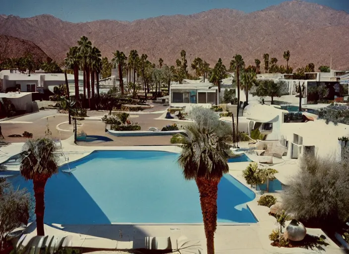 Prompt: a detailed photograph of 1 9 7 0 s palm springs neighborhood by slim aarons, mid - century modern photography, photoreal, vibrant, getty images, 4 k