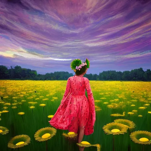 Image similar to full body daisy flower head girl standing in a flower field, her head is hidden behind the huge daisy flower,. surreal photography, sunrise, dramatic light, impressionist painting, colorful clouds, digital painting, artstation, simon stalenhag