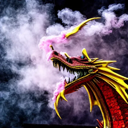 Prompt: multi color smoke, smoke has a small ( outstretched ribbed wings and head of an ancient dragon ), billowy, hdr, 8 k, 4 k