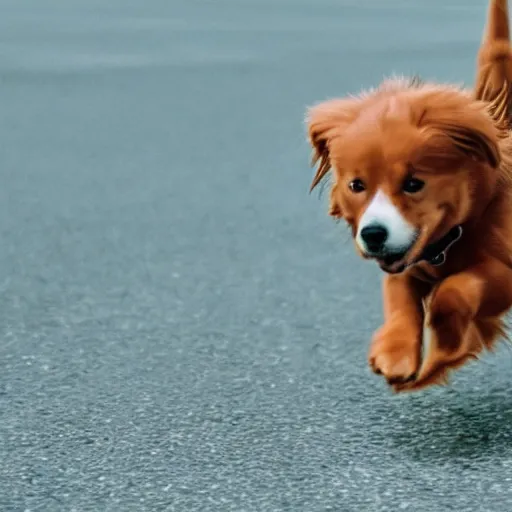 Image similar to a cute dog with the zoomies, movie still, 8 k