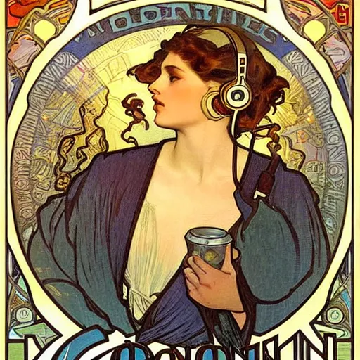 Image similar to good morning, by alphonse mucha 1 8 9 6. pretty girl with big headphones and cozy hoodie, laptop, hot coffee, window, sunrise