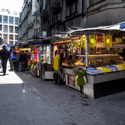 Prompt: a photo of a futuristic market stall at a street corner from the film'minority report'taken from a distance, dslr