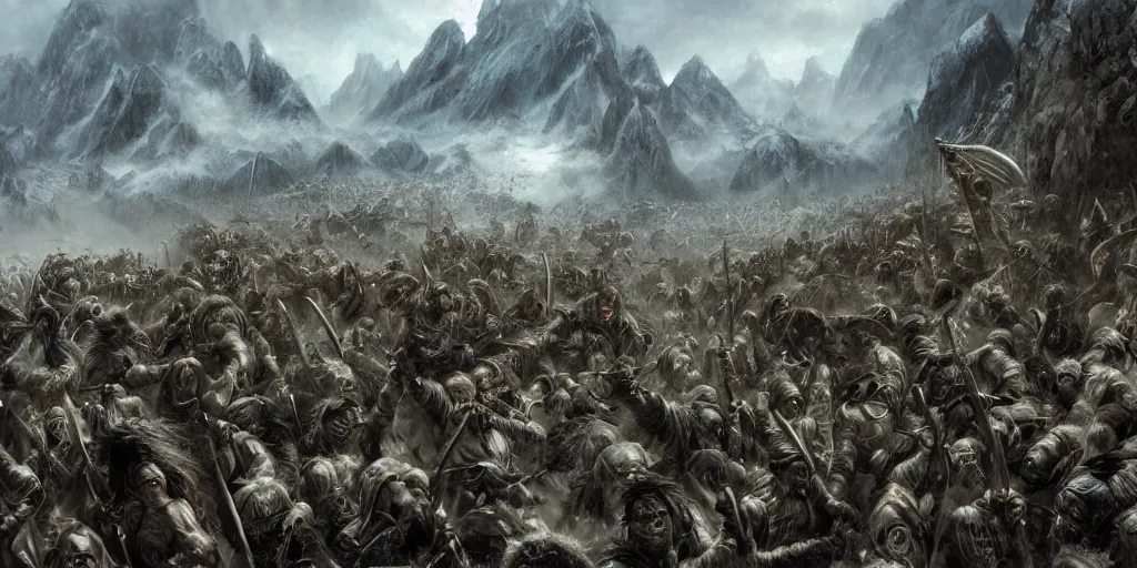 Image similar to A large group of Orcs from the Misty Mountains attacking the army of Aragorn, detailed matte painting, cinematic, Alan Lee, Artstation