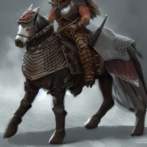 Image similar to fat dog in chainmail armour riding a horse, dnd concept art 4 k